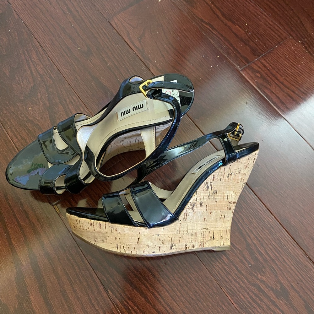 MUI MUI Black Patent Leather Wedge Cork Heel Sandals